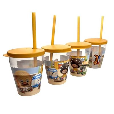 SNIPS, Set 4 Bicchieri con Tappo e Cannuccia da 385 ml, Decoro Barbiere Pasticcere, Set Bicchieri Plastica 4 Pezzi, con Tappo e Cannuccia Riutilizzabili, Made in Italy