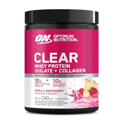 Optimum Nutrition Clear Whey + Collagen, Apple & Raspberry Flavour, 10 g Whey Isolate and 10 g Collagen Peptides per Serving, Clear Protein Drink for Joint*, 240 g, 10 Servings