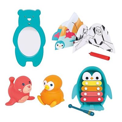 LUDI – Estuche de baño ártico – xilófono, Libro, Espejo, lápiz de baño y 2 rociadores – Juguetes de baño Puro para bebé – a Partir de 10 Meses