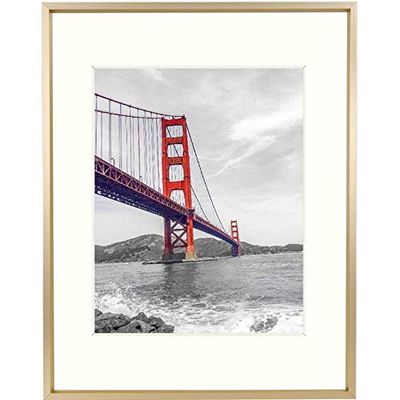Frametory, Marco de fotos de aluminio de 11 x 14 pulgadas con paspartú de color marfil para fotos de 8 x 10 pulgadas y cristal real, colección de marcos metálicos (dorado, 1 unidad)