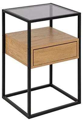 AC Design Furniture Mesita de Noche Cuadrada Radek con un cajón, Dos estantes, Tapa de Cristal y cajón de Madera, Marco de Metal Negro con cajón de fácil Acceso, mesita de Noche versátil