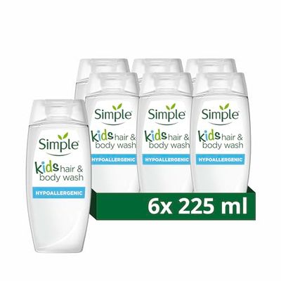 Simple Kind to Skin Kids Shampoo & Body Wash Hypoallergenic Shower Gel with natural lavender & chamomile oil for your child's sensitive skin 6x 225 ml