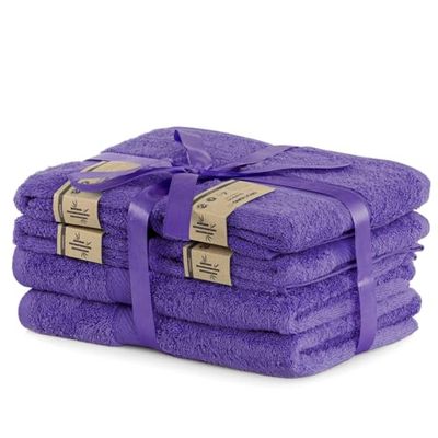 DecoKing Uppsättning av 6 Lila Bomull och Bambu Viskos Handdukar - 4 Handdukar 50x100cm, 2 Badhanddukar 70x140cm - Absorberande Antibakteriell Plommon Violett