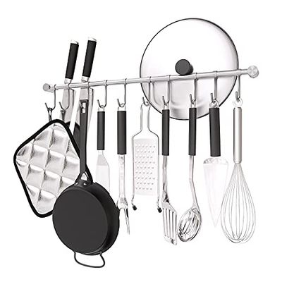 OKEPOO Bar Utensil Holder Kitchen Hanging Spoon Racks, 20 inch Wall Mounted Hanger with 10 Pcs Noiseless Sliding Hooks, Cooking Rail Bar Rack Organizer, 304 Stainless Steel. (Silver)