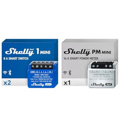 Shelly 1 Mini Gen3, Confezione de 2, Interruttore Realis Wi-Fi e Bluetooth, 1 Canale 8A & PM Mini Gen 3, Misuratore di Energia Intelligente WiFi e Bluetooth, 1 Canale 16 A, Domotica