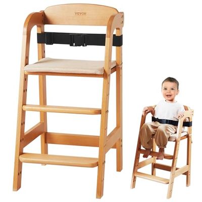 VEVOR Kinderstoel voor baby's en peuters van beukenhout, verstelbare converteerbare voedingsstoel, met zitkussen, draagbare stoelverhoger voor baby's, huis, kinderkamer, natuur