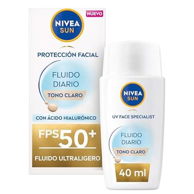 NIVEA SUN Fluido Diario con Color FPS 50+ 40 ml, protector solar facial con Ácido Hialurónico, Licocalcón A y Niacinamida, crema solar facial ultra ligera, protección solar con efecto mate, tono claro