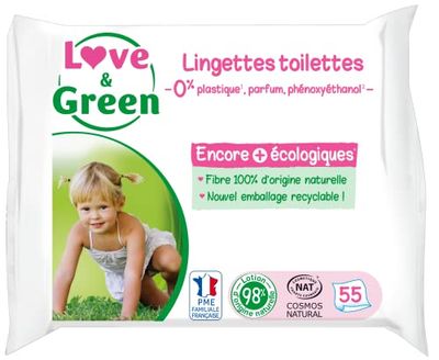 Love & Green - Lingettes Toilettes Saines et Ecologiques - Paquet de 55 Lingettes - Certifiées Cosmo Natural par ECOCERT et FSC - Emballage recyclable