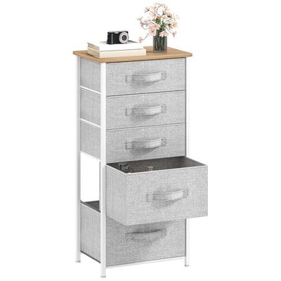 DWVO Piccola cassettiera in tessuto, per camera da letto con 5 cassetti, comò per camera da letto, soggiorno con maniglie, piano in legno e robusta struttura in acciaio, grigio chiaro