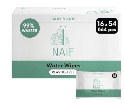 Naïf Chusteczki nawilżane bez plastiku, 864 sztuki (16 x 54 wilgotne chusteczki) – pielęgnacja dla niemowląt, ciała i twarzy – 99% z wody – 0% perfum i alkoholu – zrównoważone pudełko na chusteczki