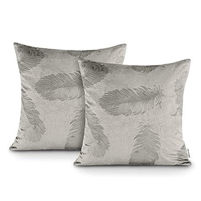 AmeliaHome 2 örngott 45 x 45 cm dekorativa örngott dragkedja mönstrat sammet utseende påfågel fjäder mönster påfågel sandgrå