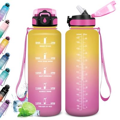 Cantimplora Deporte 1.5L, Botella Agua con Pajita, Motivacional Botella con Tapa, Botella Reutilizable, Antiderrame Botella de Agua Deportiva, Cantimplora para Adulto, Gimnasio, Cámping, Gimnasio