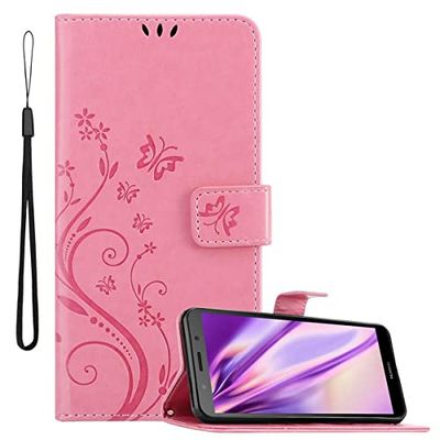 Cadorabo Hoes compatibel met Huawei Y5 PRIME 2018 / Y5 2018 in BLOEMEN ROZE - Beschermhoes in bloemmotief met magnetische sluiting, standfunctie en kaartsleuven