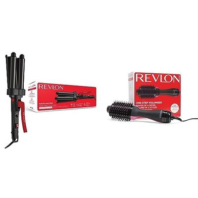 Revlon Wave Master Jumbo Waver (Three-Prong Jumbo Barrels, Tourmaline Ceramic Coating, 30 Heat Settings Up to 190°C) RVIR3056UKE & One-Step Hair Dryer and volumiser for mid to Long Hair