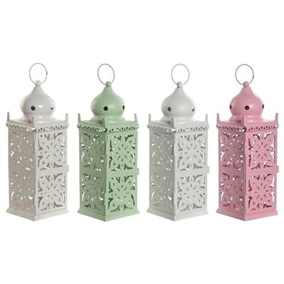 Home ESPRIT Farol Blanco Verde Rosa Hierro Oriental 10 x 10 x 30 cm (4 Unidades)