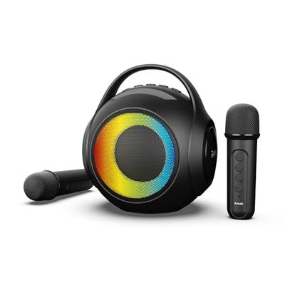 R-MUSIC DUOLED - Draadloze RGB-luidspreker met 2 karaoke-microfoons - AUX/Micro SD/USB-poorten, 11 lichtspelletjes, 2 microfoons inbegrepen, smartphonehouder, spraakvervorming