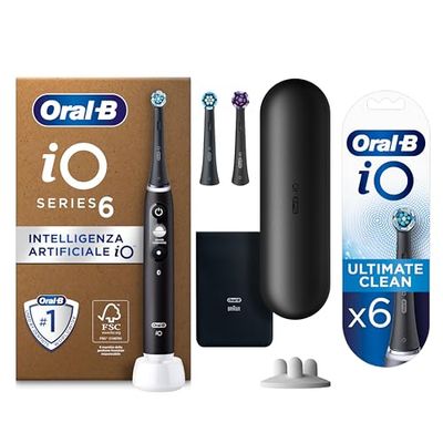 Oral-B Spazzolino Elettrico iO6, Ultimate Clean Testine Spazzolino Elettrico, 6 Testine, 1 Spazzolino, Sensore di Pressione, Display Interattivo, Custodia da Viaggio, Nero, Idea Regalo