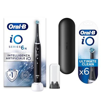 Oral-B Spazzolino Elettrico iO6N, Ultimate Clean Testine Spazzolino Elettrico, 6 Testine, 1 Spazzolino, Sensore di Pressione, Display Interattivo, Custodia da Viaggio, Nero, Idea Regalo