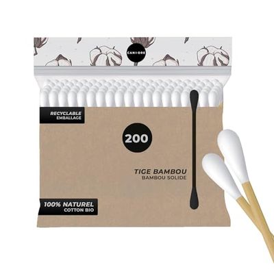 Coton Tige 2x100 - Candore - Batonnet Bambou Plus Solide, Tête en Coton Douce - Biodégradable