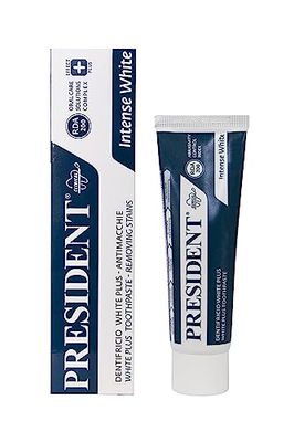 President DENTIFRICIO SBIANCANTE INTENSIVO WHITE PLUS Denti subito più bianchi. Combatte macchie di Caffè, Tabacco, Tè e ingiallimento dei denti. RDA 200-30 ml