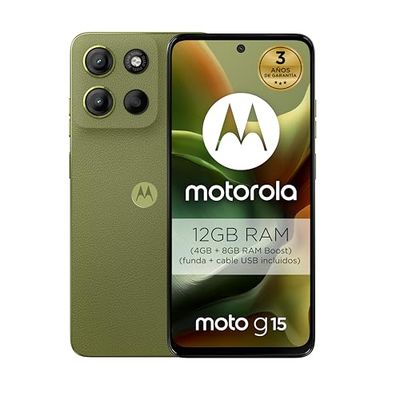 Motorola Moto g15 12GB (4GB+8GB RAM Boost)/128GB Verde, España, Pantalla de 6,72” FHD+, Sistema de cámaras de 50 MP y Objetivo Ultra Gran Angular, Batería 5200 mAh, Carga TurboPower, Cuero Vegano