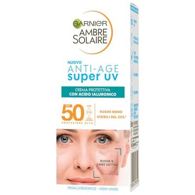 Garnier Crema Viso Protettiva Anti-Age Super UV, Per Pelli Sensibili, Protezione SPF 50, Ad Assorbimento Rapido, Con Acido Ialuronico, Ambre Solaire, 50 ml