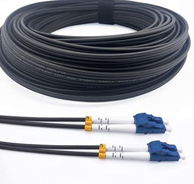 Elfcam® - Cavo Fibra Ottica con Armatura in Acciaio Corrugato LC/UPC per LC/UPC OS2 Duplex Monomodale 9/125um LSZH, Adatto per Installazioni Esterne e Interne, Nero, 70M