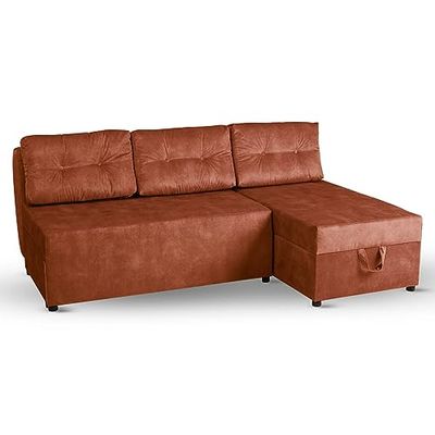 Divano angolare con 2 contenitori 196x145 cm arancio scuro - divano letto angolare destro, superficie di riposo 196x140 cm, in tessuto velour - divano a 3 posti, per soggiorno