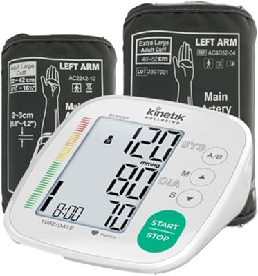 Kinetik Wellbeing Advanced Blood Pressure Monitor - Used by the NHS - Fully Automatic Upper Arm Blood Pressure Machine with Universal & XL Cuffs (22-42cm, 40-52cm), Digital Sphygmomanometer Tester Kit