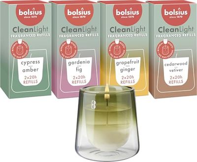 Bolsius - CleanLight Starter Set - Refillable Scented Candle - Holder & 9 Refills - Multiple Fragrances - Green - Burning Time of 20 Hours - Natural Extracts & Vegan Wax - No Palm Oil