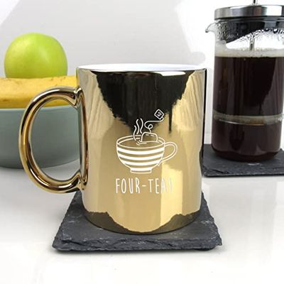 eBuyGB Engraved Metallic Shiny Gold Coffee Mug -Four-Tea Design - 350ml Tea Cup, 40th Milestone Birthday Gifts for Men, Him - Fourtieth Gift for Friend, Brother, Son, Dad, Husband