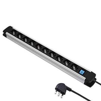 Electraline 61903 Extensão ALU-Line de 10 tomadas polivalentes, Schuko +10/16 A e 1 interruptor luminoso, 2 m, com corpo de alumínio