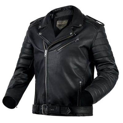 OZONE MOTO Nowoczesna kurtka motocyklowa męska | Skóra koziej | Ochraniacze na łokcie i ramię Poziom 1 | Kieszeń na plecy | Nowoczesny Retro Look | Rozmiary do 10XL, czarny, S