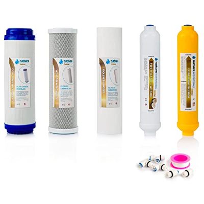 NATURE WATER PROFESSIONALS Confezione da 5 filtri Gold Line per osmosi inversa domestica - Filtri per apparecchiature ad osmosi inversa a 6 stadi - Include connettori, T'' e Teflon