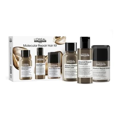 L'Oréal Professionnel Absolut Repair Molecular Shampoo, Rinse-Off Serum & Leave-In Treatment Mini Trio Kit, For Extremely Damaged Hair, Molecular Bond Repair & restores strength, 100ml, 75ml & 50ml
