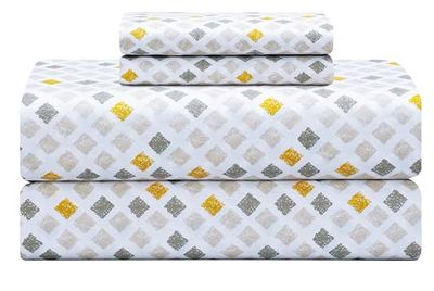 Fjäder och söm mjukaste 100% bomullslakan, queen size lakanset, 4 st set, 300 trådtäthet percale väv, 40 cm djup ficka, kylarlakan, andningsbart sängset (gul diamant)