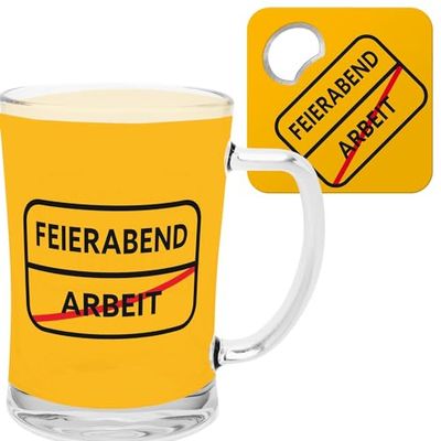 GRUSS & CO Set de regalo con texto en alemán Feierabend, Bierglas mit Flaschenöffner: Geschenkartikel mit Spruch Feierabend