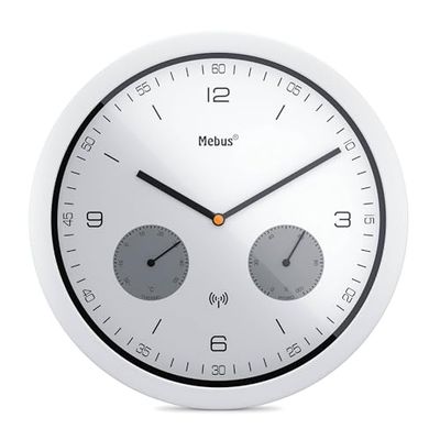 Moderne Funk-Wanduhr mit Temperaturanzeige und Hygrometer, Durchmesser 26cm / Modell: 52826 / Farbe: Weiß