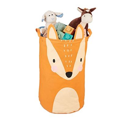 Relaxdays speelgoedmand, voor kinderen, vos design, opvouwbaar, H x Ø: 56 x 35 cm, opbergmand met hengsels, oranje/crème