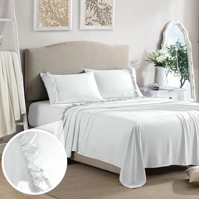 Swift Home Ultra-Soft Elegant 2-inch Ruffled Hem Design on Flat Sheet and Pillowcases, Wrinkle Resistant, Fade Resistant, Deep Pocket, Double Brushed 4-Piece Microfiber Sheet Set - Full, White