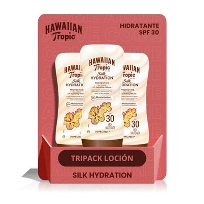 Hawaiian Tropic Silk Hydration Protective - Pack 3 Loción Solar Protectora SPF 30 con cintas de seda hidratantes y resistente al agua, formato 180 ml.