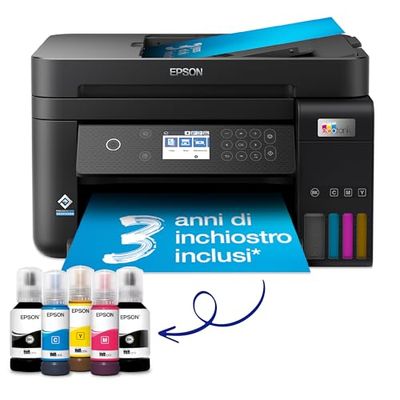 Epson EcoTank ET-3850 Stampante Multifunzione 3-in-1 A4, Serbatoi Ricaricabili Alta Capacità, 5 Flaconi Inclusi pari a 14000pag B/N 5200pag Colore, Display LCD USB Wi-Fi/Direct Fronte/retro ADF, Nero