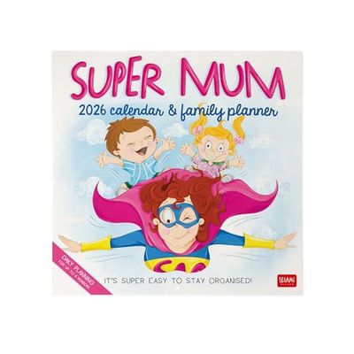 Legami - Calendrier Mural 2026, Super Mum, Grand Calendrier Mural, 12 Mois et Planificateur D'année, en 6 Langues, Espace pour Notes, Signes du Zodiaque, Jours Fériés Internationaux, 30 X 29 Cm