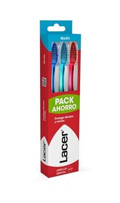 LACER - Confezione da 3 spazzolini da denti, setole medie, filamenti Tynex con punte arrotondate, manico ergonomico antiscivolo
