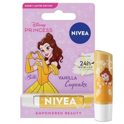 NIVEA Disney Princess Belle Limited Edition Vanilla Cupcake Lip Balm (4.8g), Unique Disney Princess Inspired Lip Balm for Kids, Contains Moisturising Shea Butter for 24 Hour Moisture