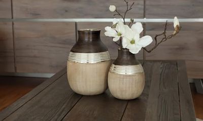 Pack of 4 Bottle vase, striped, Ceramics, beige, brown, PU 4, L. 15 cm, W. 15 cm, H. 20 cm