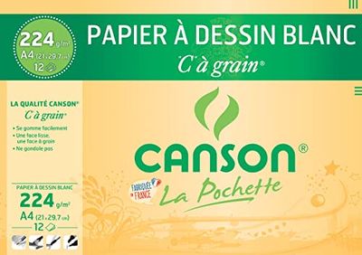 CANSON "C" à Grain - Pochette 12 feuilles de papier dessin blanc A4 - 224g/m²