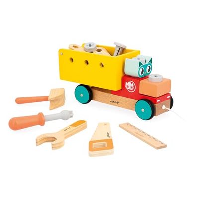 Janod Camión de Bricolaje de Arrastre Brico'Kids Construcción Infantil-23 Accesorios-Juego de Imitación-Motricidad Fina y Creatividad-A Partir de 24 Meses, J06451, Multicolor (JURATOYS