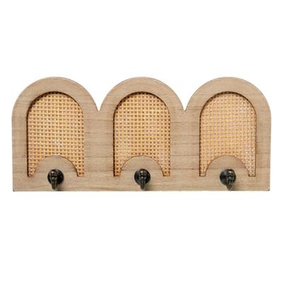DRW Perchero de Pared con 3 Ganchos de Metal, Madera y Ratan Natural 36x5x16 cm