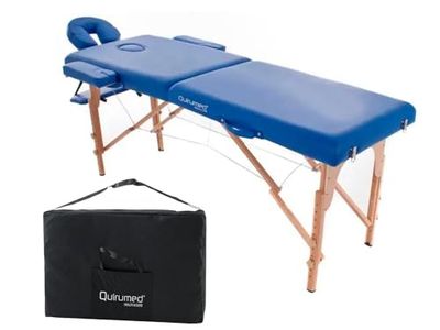 QUIRUMED Opvouwbare massagestoel van hout Easy, blauw, 194 x 70 cm, massagetafel, fysiotherapie, kunstleer, scharnierkop, in hoogte verstelbaar, 2 lichaamen, tot 150 kg